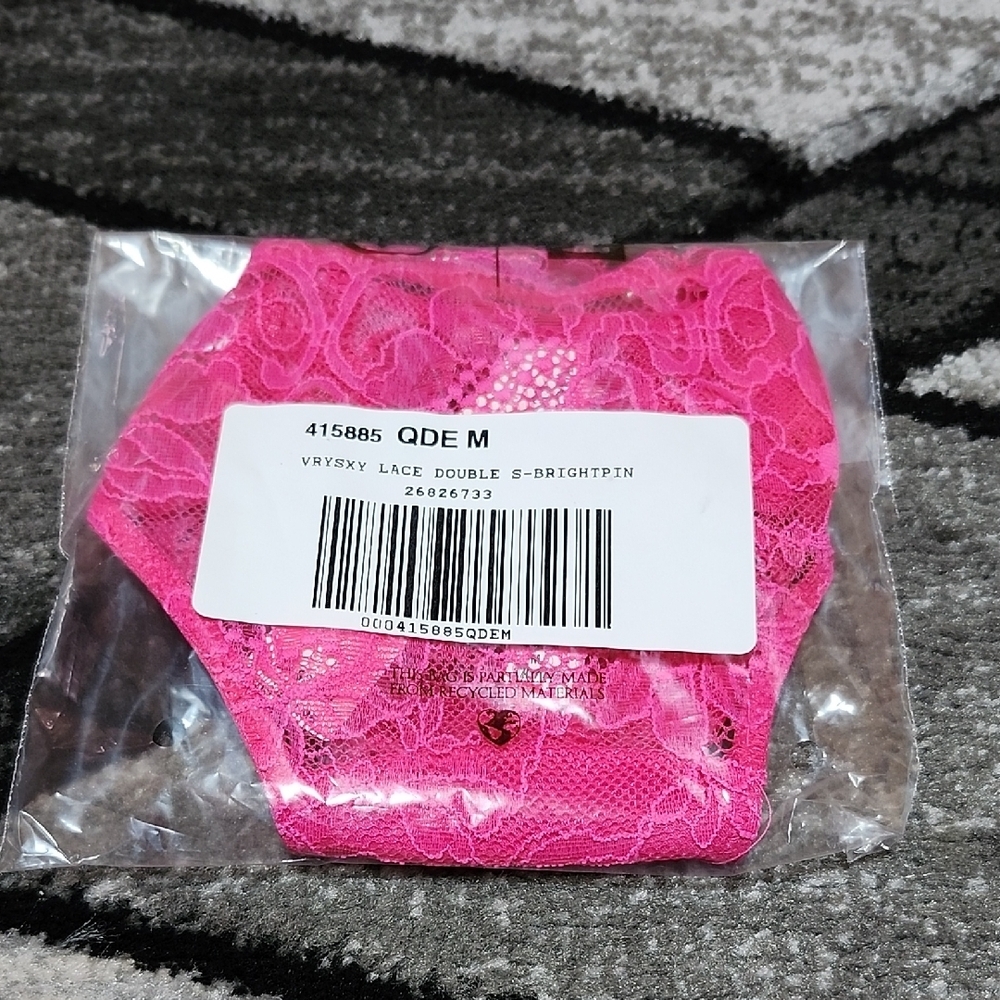 VICTORIA SECRET FOREVER PINK DOUBLE SHINE STRAP LACE RHINESTONES BRAZILIAN PANTY